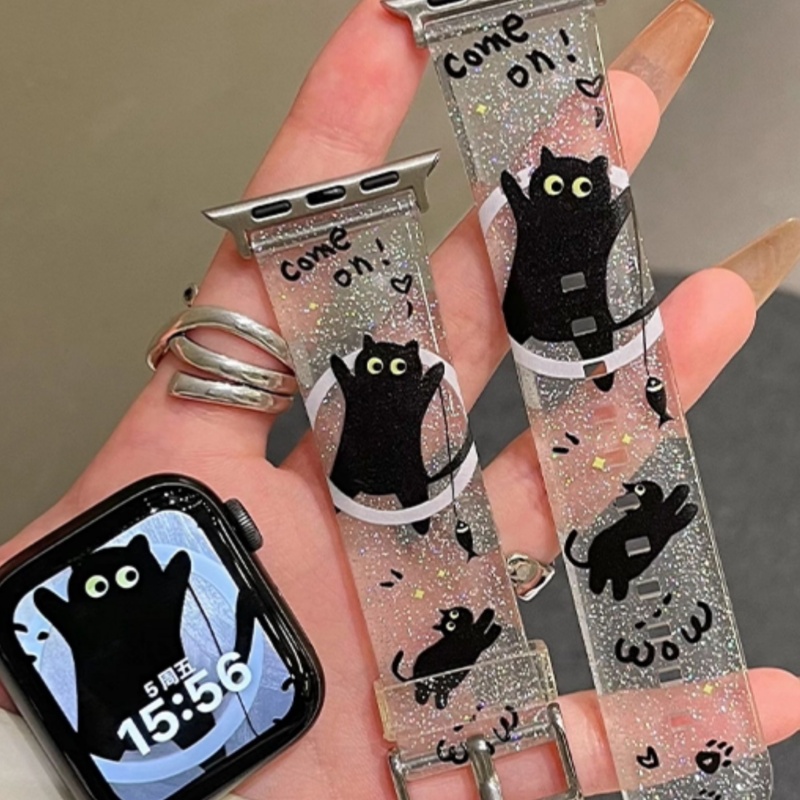 Glittery Black Kitten Cute New Transparent Silicone Watch Strap photo 1