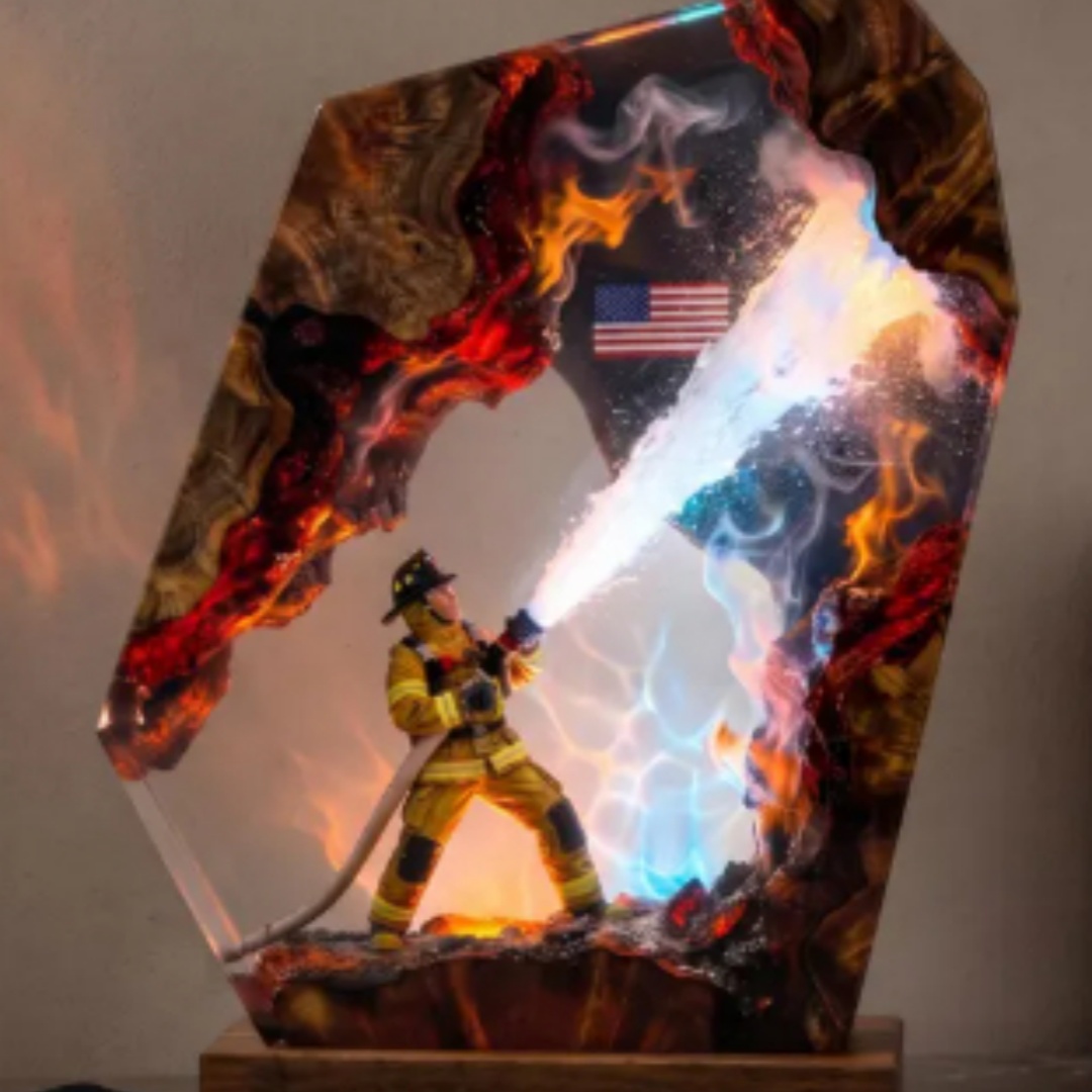 Creative Firefighter Epoxy Wood Home Decor Night Light photo 1