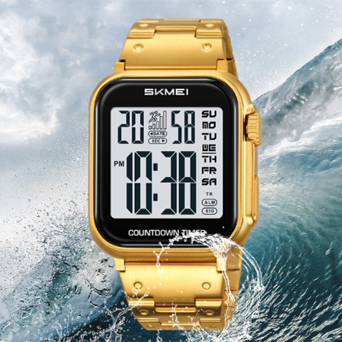 Mens Fashionable Steel-band Watch With Alarm Dual Time Waterproof And A Square Digital Display photo 1