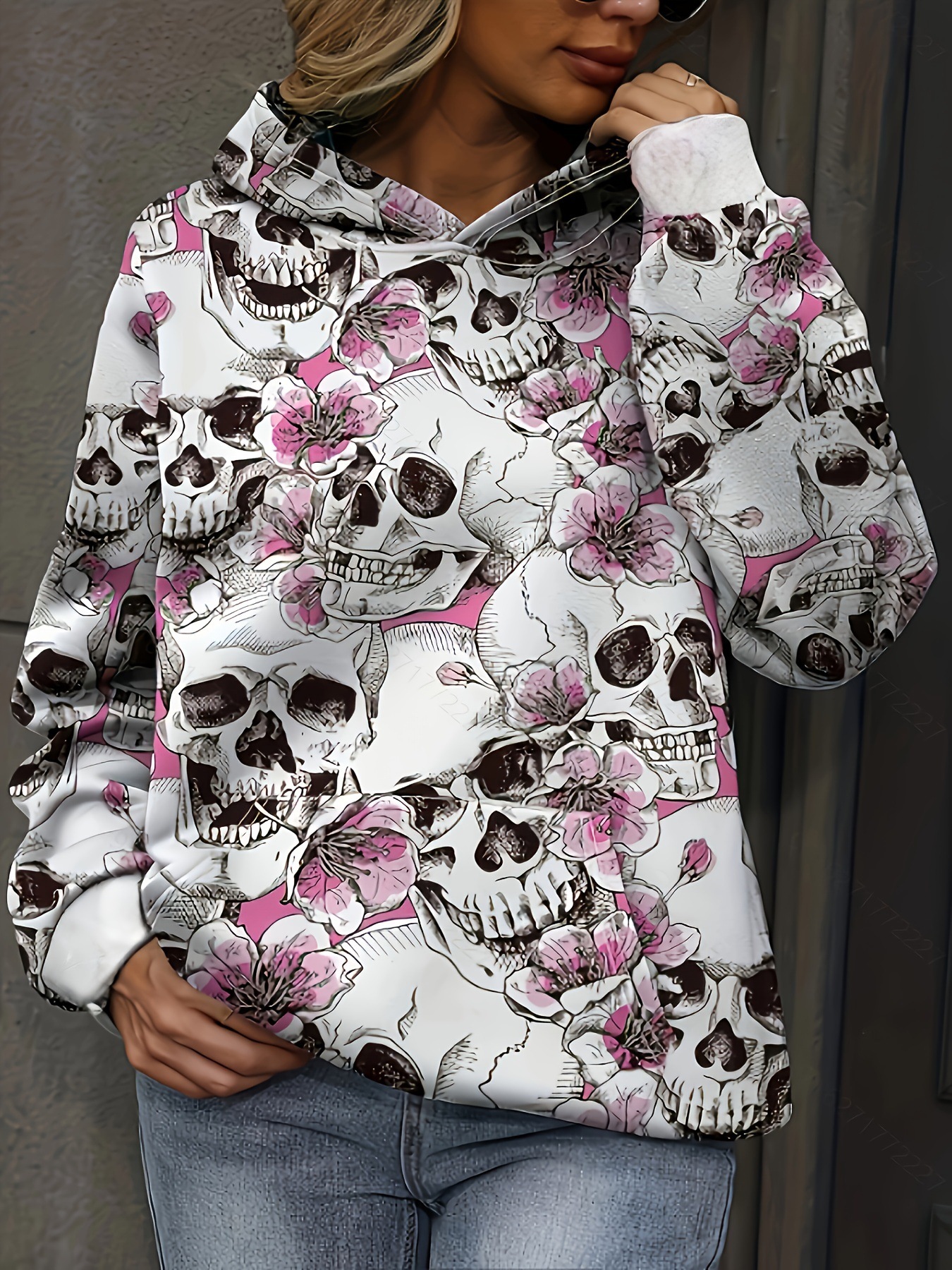 Casual Floral Skull Hoodie Streetwear Polyester photo 3