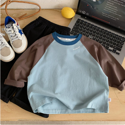 Korean-style Loose-fit Color-block Collar 100 Cotton Long-sleeve Kids' T-shirt photo 5