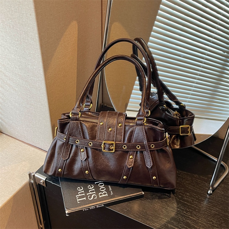 Womens Shoulder Bag With A Locomotive-style Belt Rivets And Metal Buckle photo 3