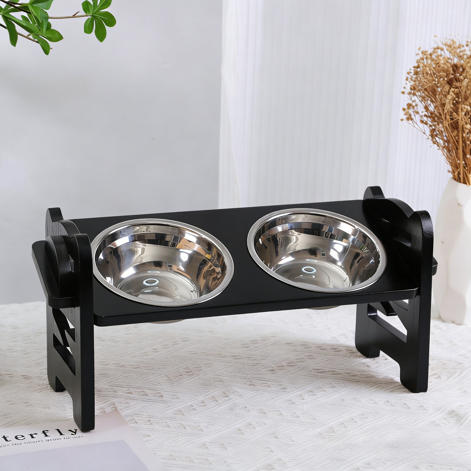 New Bamboo Wood Dogs And Cats Bowl Rack Pet Double Bowl photo 3