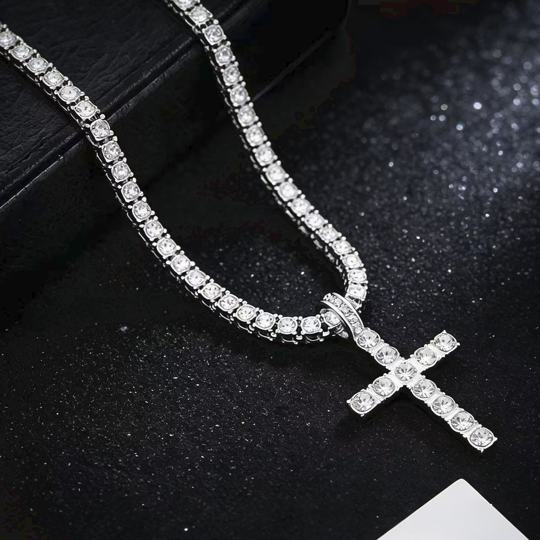 Rhinestone Cross Pendant Necklace With Tennis Chain photo 6