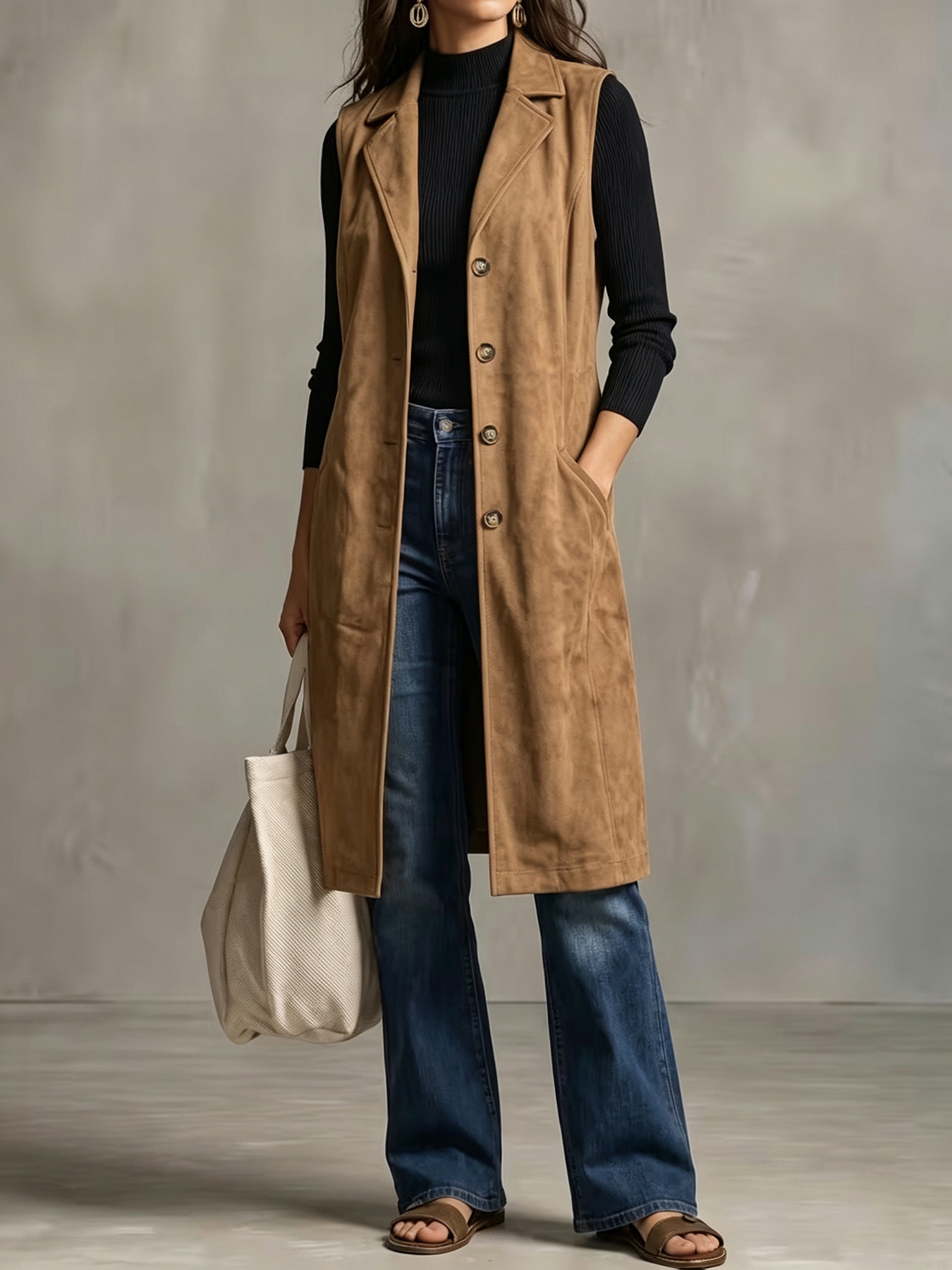 Women's Mid-length Sleeveless Blazer Vest Jacket photo 5