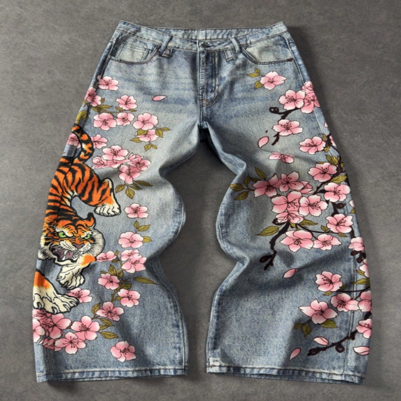 Men's Street-Style Tiger And Cherry Blossom Print Straight-Leg Denim Pants photo 1