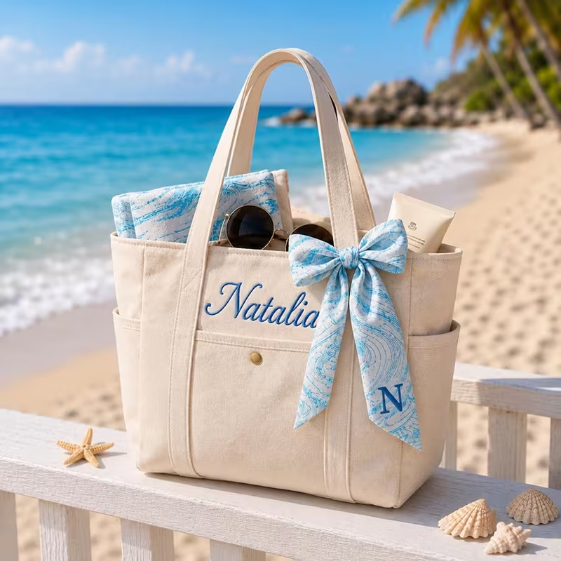 Personalized Embroidered Letter Tote Canvas Bag photo 1